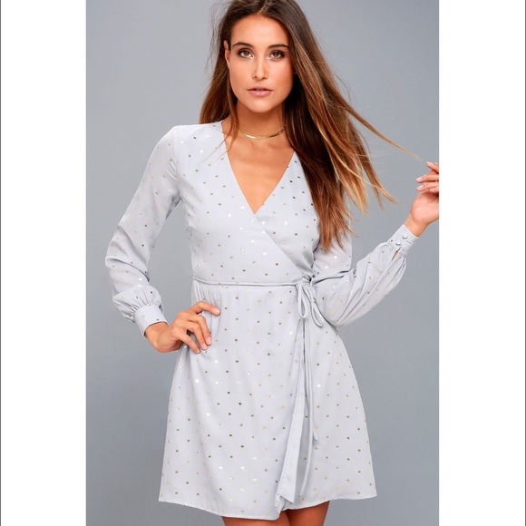 Lulus Dresses & Skirts - •nwt• Lulus Grey &Gold Polkadot Wrap Dress